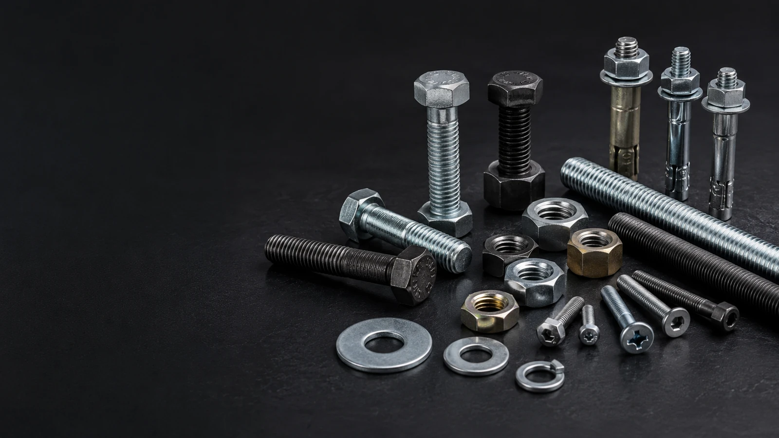 Representative fastener sourcing image with bolts, nuts, washers, threaded rods, screws, and anchors