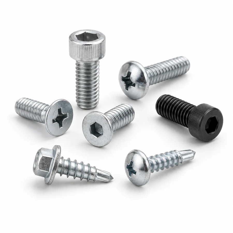 Industrial machine screws, self-tapping screws and self-drilling screws with multiple head and drive styles